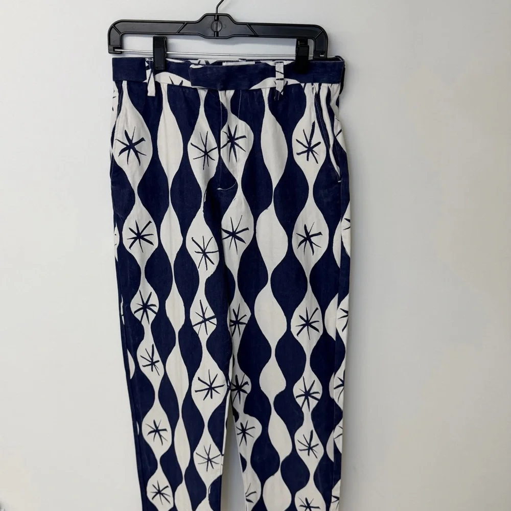 Zara Wide Leg Pallazo Patterned Blue White Pants Sz 30 Festival Boho Coastal